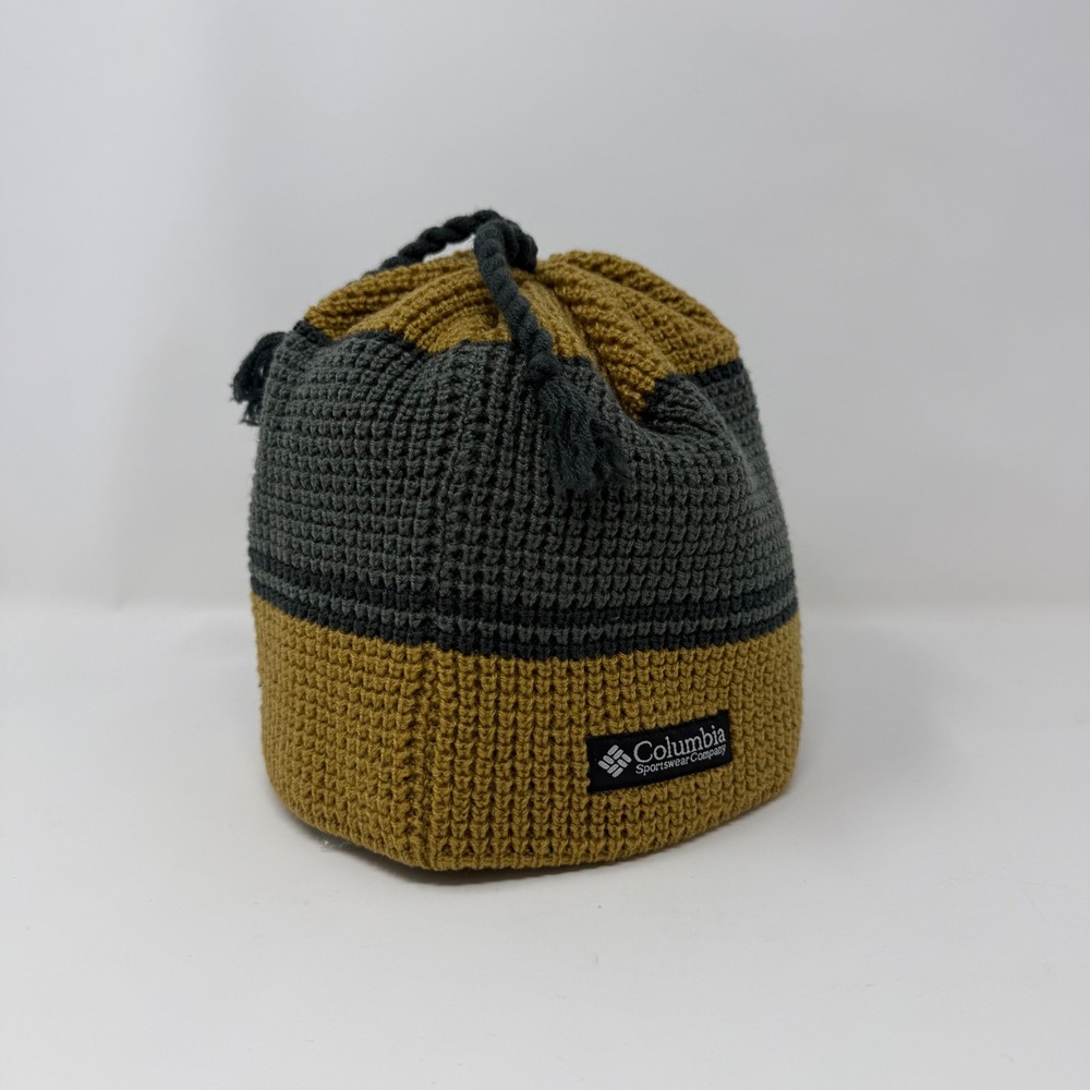 Columbia Knit Beanie Mustard Yellow Grey Fleece Lined Tassel Winter Hat OSFM